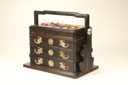 Red Sandalwood Inlaid Multi GemStone Carved Bat Pattern Food Tray Box