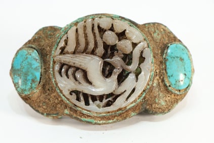 Chinese Bronze Inlaid Jade Carved Bird Pattern Belt Hook