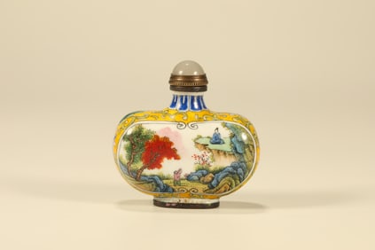 Bronze Enamel Blue Base Landscape and Character Pattern Snuff Bottle
