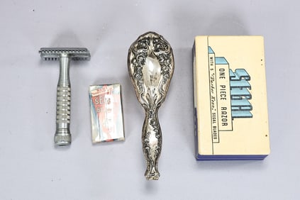 Vintage Sterling Silver Handle Brush And Segal Razor