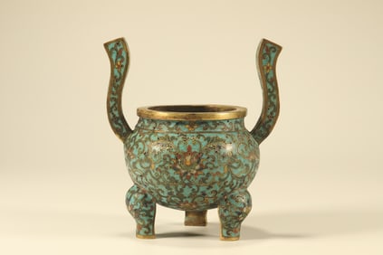 Bronze Cloisonne Carved Flower Pattern Double Ears Incense Burner