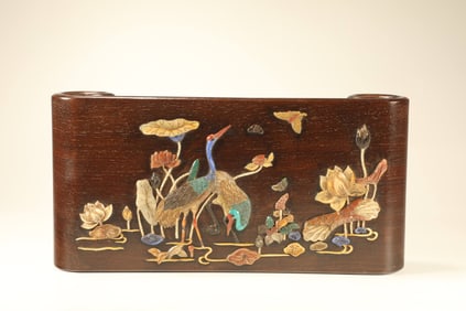 Huanghuali Wood Multi GemStone Inlaid Carved Lotus Flower and Crane Pattern Arm Rest