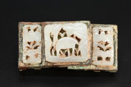 Chinese Bronze Inlaid Jade Carved Deer Pattern Belt Hook