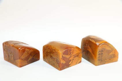 Group of Three Shoushan Tianhuang Carved Landscape and Character Pattern Stone Seal