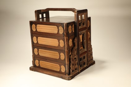 Red Sandalwood Inlaid Boxwood Carved Dragon Pattern Food Tray Box
