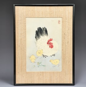 "Hen With Chickens" Japanese Woodblock