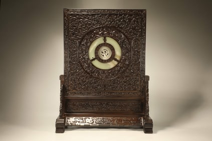 Red Sandalwood Inlaid Jade Carved Dragon Pattern Table Plaque