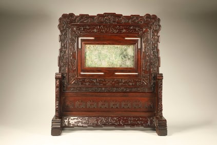 Huanghuali Wood Inlaid Jadeite Carved Pine Tree and Crane Pattern Table Plaque