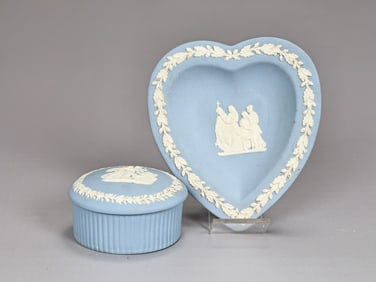 Wedgwood Blue Heart Shape Dish And Round Trinket Box