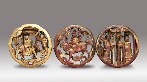 Three Chinese 3 Dimensional Gilt Wood Round Panel Carving Character
