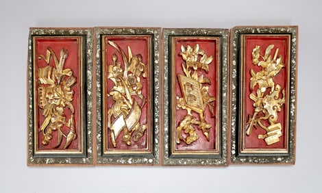 Four Chinese 3 Dimensional Gilt Wood Panel Carving Flower