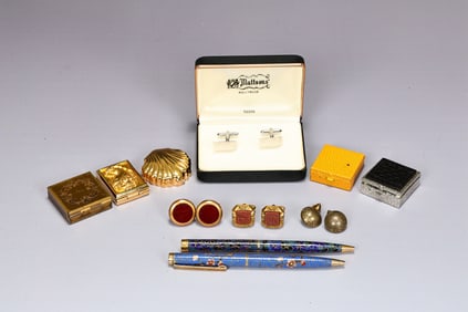 Cufflinks Set, Estee Lauder Perfume Compact And Cloisonne Ballpoint Pens