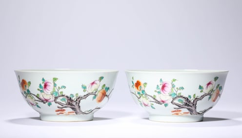 Pair of Famille Rose Feach Pattern Porcelain Bowl