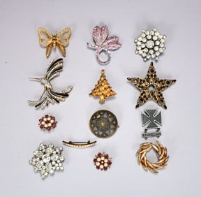 Group Of Gold, Silver Rhinestone Brooches Some Signed