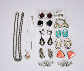 Group Of Earrings And Necklaces Some Sterling Silver