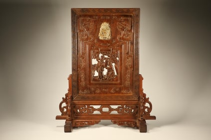 Huanghuali Wood Inlaid Jade Carved Character Story Pattern Table Plaque