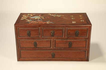 Huanghuali Wood Multi GemStone Inlaid Carved Flower and Bird Pattern Lid Box