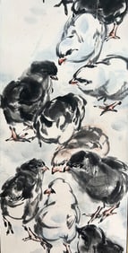 Huang Zhou mark, Chinese Chicks painting, Ink and Color on Paper, Mounted