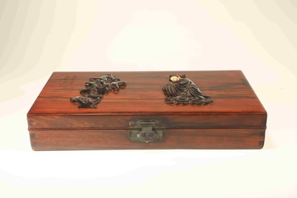 Huanghuali Wood Inlaid Red Sandalwood Carved Character and Stone Pattern Lid Box