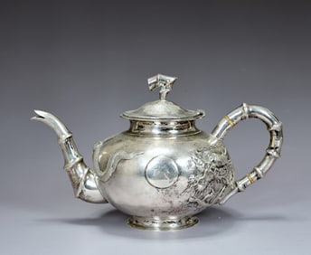Chinese Sterling Silver Tea Pot With Dragon In Relief