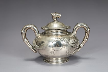 Chinese Sterling Silver Sugar Basin With Dragon In Relief