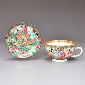Chinese Export Famile Rose Medallion Bone Porcelain Cup & Saucer