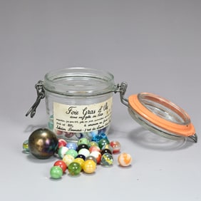 Glass Jar Of Assorted Glass Marbles