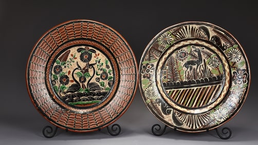 Two Tonala Petatillo Mexican Handmade Pottery Large Wall Decor Plates