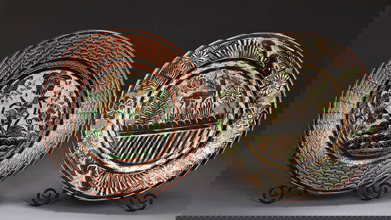 Two Tonala Petatillo Mexican Handmade Pottery Large Wall Decor Plates: Two Tonala Petatillo Mexican Handmade Pottery Large Wall Decor Plates (36 x 4 cm each)