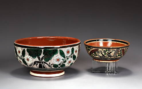 Two Bernabe Tonala Petatillo Mexican Handmade Pottery Bowls: Two Bernabe Tonala Petatillo Mexican Handmade Pottery Bowls (17 x 7.5 cm, 25 x 13 cm)