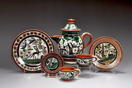 Group Of Jose Bernabe Petaillo Mexican Art Plates, Cups And Lidded Jar