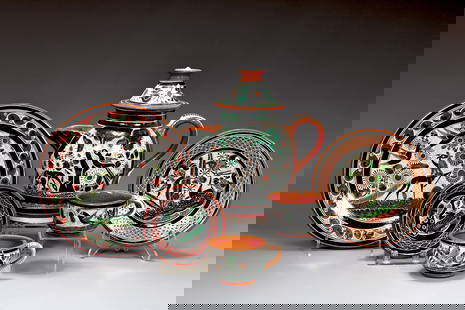 Group Of Jose Bernabe Petaillo Mexican Art Plates, Cups And Lidded Jar: Group Of Jose Bernabe Petaillo Mexican Art Plates, Cups And Lidded Jar (About 22 x 2 cm more or less)