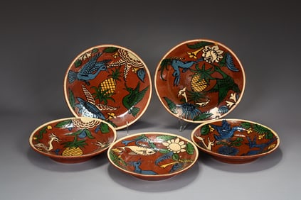 Mexican Art Pottery Plates Tlaquepaque Set Of 5
