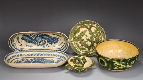 Group Of Mexican Tonala Handmade Terra Cotta Art Pottery Tray And Bowl