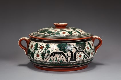 Cruz Bernabe Tonala Petatillo Mexican Art Pottery Large Lidded Bowl