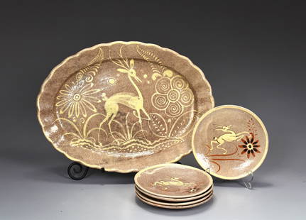 Collection Of Tonala Leaping Gazelle Mexican Art Pottery Plates: Collection Of Tonala Leaping Gazelle Mexican Art Pottery Plates (Big plate: 38 x 33 x 2.5 cm, Small plate: 7 x 2 cm)