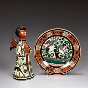 Jose Bernabe Petatillo Mexican Art Pottery Angel Figurine And Plate
