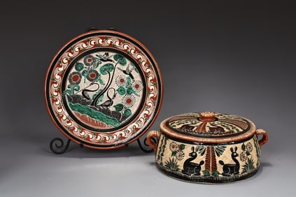 Jose Bernabe Tonala Mexican Large Pottery Plate With Bowl With Lid