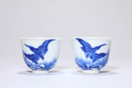 Pair of Blue and White Bird Pattern Porcelain Cup