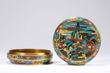 Bronze Cloisonne Landscape Pattern Round Lid Box