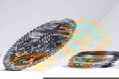 Bronze Cloisonne Landscape Pattern Round Lid Box: Bronze Cloisonne Landscape Pattern Round Lid Box (13.5 x 5.5 cm, Weight: 771 grams)