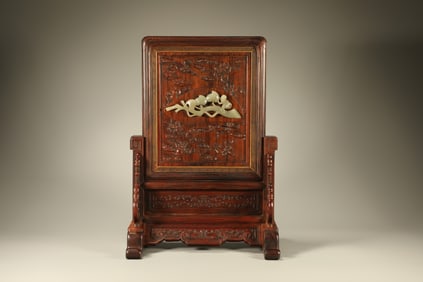 Huanghuali Wood Inlaid Jade Carved Monkey and Peach Pattern Table Plaque