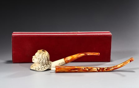 Meerschaum Pipe Lady Head Signed "Emin" Duel Long Stem With Fitted Case