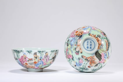 Pair of Famille Rose Character with Landscape Porcelain Bowl