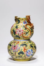 Yellow Base Famille Rose Flower Pattern Gourd Shape Porcelain Vase