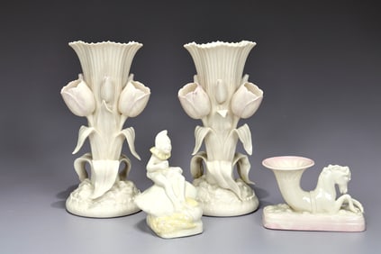 Pair Of Belleek Triple Tulip Vases 1st Black And Seahorse Vase Figurine 6th Green Mark