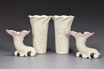 Pair Of Belleek Lily Of Valley Vases 11th Mark, Fermanagh Cornucopia Vases 14th Mark