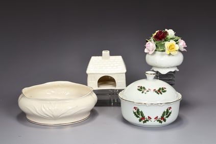 Holly Christmas Candy Lidded Dish, Royal Doulton Flower Bouquet And Belleek Tableware