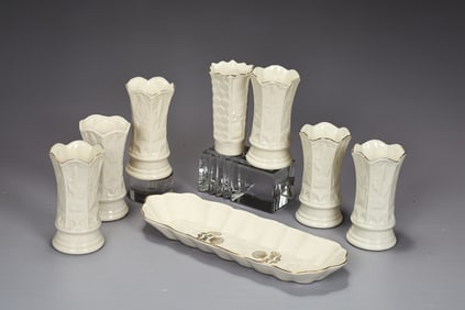 Seven Belleek Irish Mini Fluted Bud Vases And Celtic Shell Tray 1993-2013