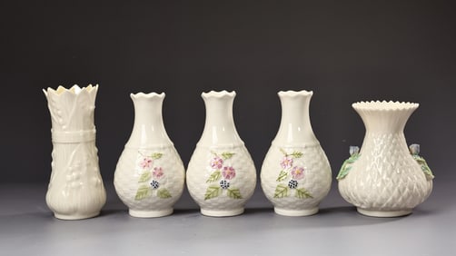 Five Belleek Irish Porcelain Floral Vases